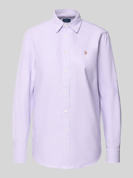 Produktfoto, Hemdbluse met knoopsluiting van Polo Ralph Lauren in lichtpaars, katoen, los model, label-stiksel, rechte vormen, fijne textuur.