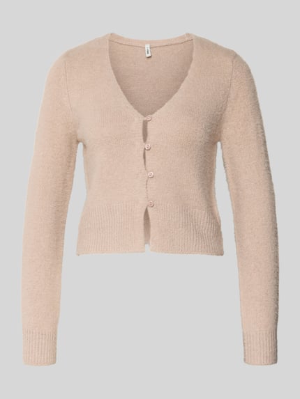 Produktfoto, Slim Fit Strickjacke mit einreihige Knopfleiste Modell 'KERRY' von Only in Optik: Unifarben, V-Ausschnitt, Langarm, gerippte Abschlüsse, Materialverarbeitung: Strick.