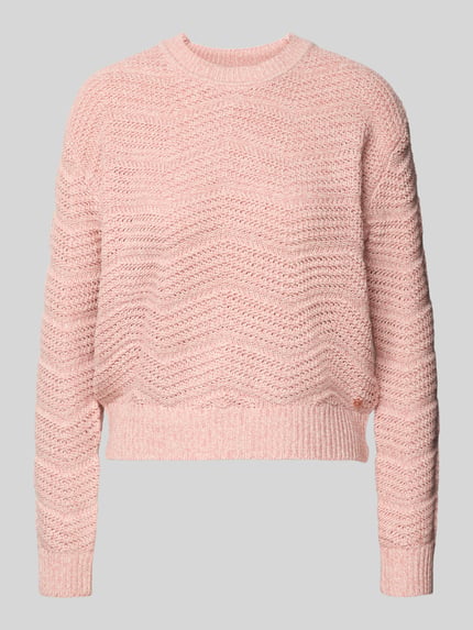 Produktfoto, Strickpullover mit gerippten Abschlüssen von Guess in zartrosa, lockerer Schnitt, Rundhalsausschnitt, Baumwoll-Mix, feine Struktur