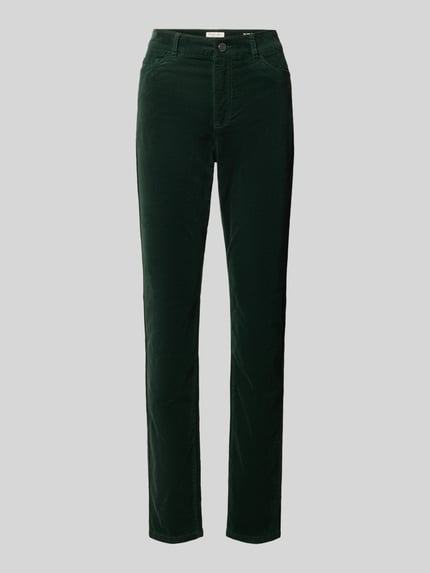 Produktfoto, Slim Fit Stoffhose aus elastischem Baumwoll-Mix von Christian Berg Woman in Dunkelgrün, 5-Pocket-Design, glatte Textur, knitterarm