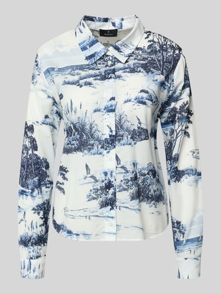 Productfoto, Slim Fit Bluse im Allover-Look Modell 'Hamptons Landschaft' van monari, zuiver katoen, wit met blauwe print, dames blouse, ruglengte 63 cm, mouwlengte 64 cm