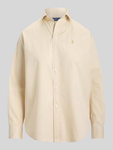 Produktfoto, Hemdbluse mit Knopfleiste von Polo Ralph Lauren aus reiner Baumwolle in Beige mit feinen Streifen, lockerer Schnitt, weiße Knöpfe.