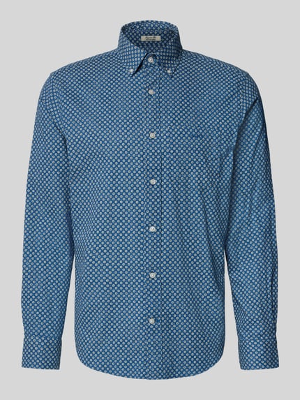 Produktfoto, Regular Fit Freizeithemd aus Leinen-Baumwoll-Mix von Gant, blau mit Allover-Look und Button-Down-Kragen, glatte Textur