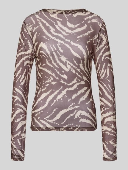 Produktfoto, Slim Fit Longsleeve in semitransparentem Design von COMMA, gerader Ausschnitt, Zebra-Muster, langärmelig, Rückenlänge 56 cm, braun-beige Farbtöne