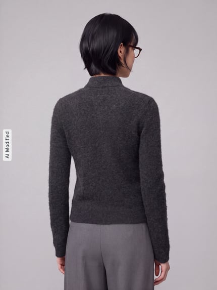 Vrouwenmodel draagt Strickpullover aus Schurwoll-Kaschmir-Mix Modell 'CELLULA' van MM by Max Mara in antraciet, regular fit, rugaanzicht, KI-modified beeld.
