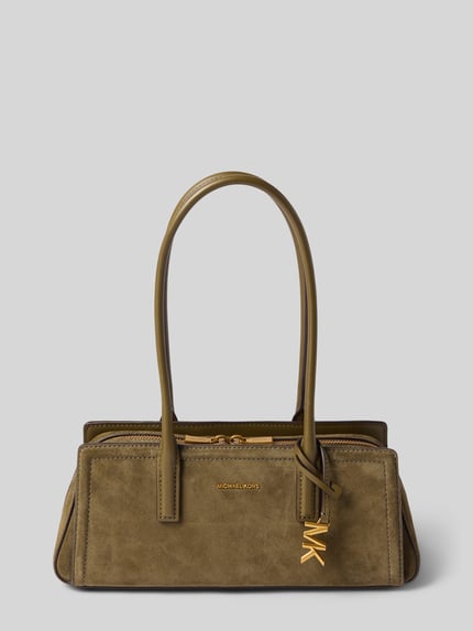 Produktfoto, Handtasche aus echtem Leder mit Label-Applikation Modell 'LAILA' von MICHAEL Michael Kors, olivefarbene Töne, rechteckige Form, glatte und strukturierte Lederoptik, goldfarbene Details, Reißverschluss, Schulterriemen, Kontext: Damen Handtasche, Maße 32x12x10 cm, Schulterriemen 66 cm.