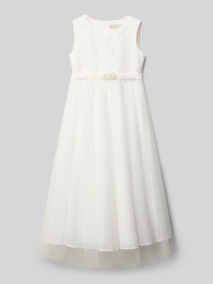 Produktfoto, Regular Fit Kleid mit Spitzenbesatz von Une Hautre Couture aus Baumwoll-Mix mit floralen Besatz, Zierschleife und Knopfleiste.