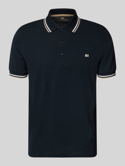 Produktfoto, Regular Fit Poloshirt mit Kontraststreifen von Christian Berg Men, czarna bawełna, krój regular fit, listwa z guzikami, długość tyłu w rozmiarze M: 71 cm