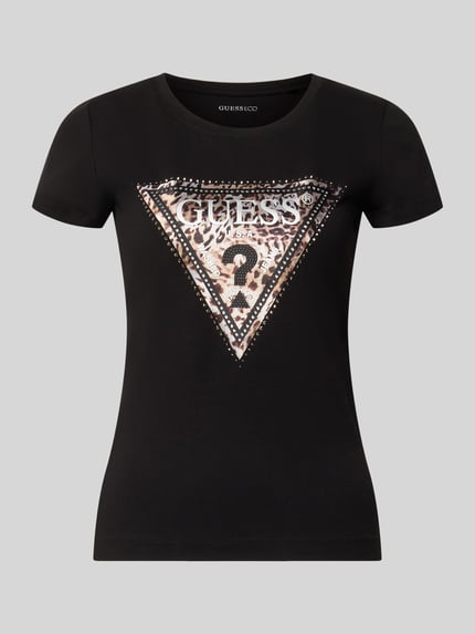 Produktfoto, schwarzes Slim Fit T-Shirt aus elastischem Baumwoll-Mix Modell 'SAVANNA' von GUESS mit Strasssteinen und Motiv-Print