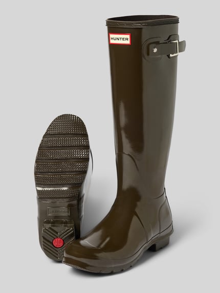 Produktfoto, Gummistiefel mit verstellbarer Schnalle und Label-Detail von HUNTER, unifarben, strukturierte Sohle, abgerundete Passform, 3 cm Absatz, 41 cm Schafthöhe, 15 cm Schaftweite