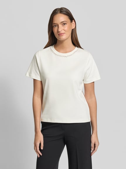 Christian Berg Woman T-shirt z Perłami i Obszyciem ozdobnymi kamieniami Złamany biały 4
