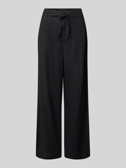 Produktfoto, Wide Fit Stoffhose mit Bügelfalten Modell 'Livia' von Angels in Schwarz aus Reine Baumwolle mit Eingriffstaschen, Knopf- und Reißverschluss, sichtbare Struktur, Bundweite bei Größe 36/32: 41 cm, Innenbeinlänge: 88 cm.