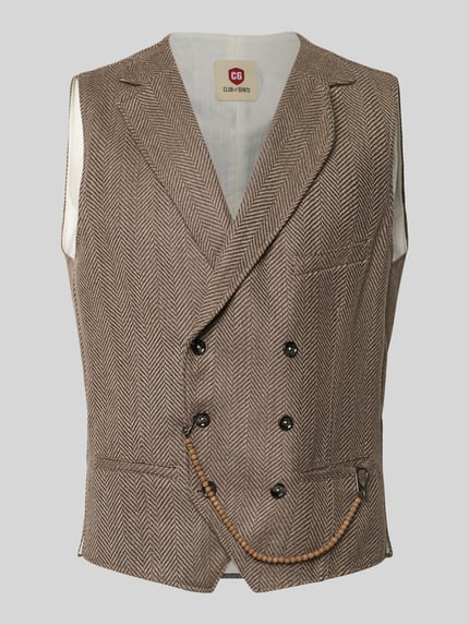 Produktfoto, Weste aus Woll-Mix mit Reverskragen Modell 'Mathew' von CG – CLUB of GENTS in Braun mit Fischgrätmuster, Doppelreiher, Knopfleiste, Kette für Taschenuhr, Regular Fit, Brustleistentasche, Leistentaschen, feine Struktur.