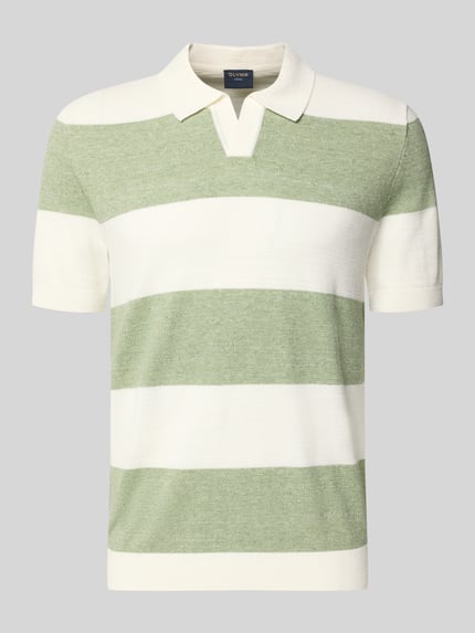 Produktfoto, Slim Fit Poloshirt aus Baumwoll-Mix in Strick-Optik von OLYMP Level Five in Grün-Weiß, Kurzarm mit Umlegekragen, feine Streifen-Textur