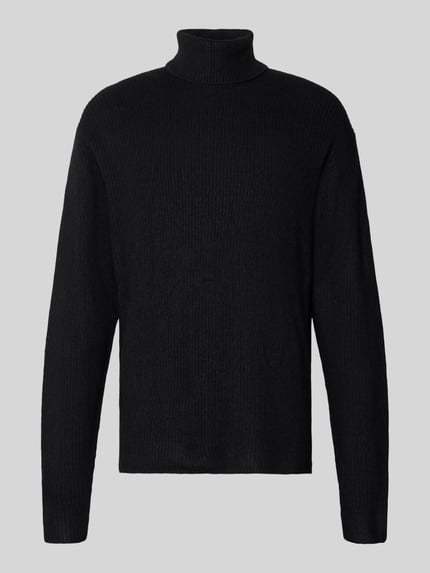 Productfoto, zwarte gebreide pullover in riblook met col, regular fit, ruglengte maat M 74 cm, mouwlengte maat M 62 cm, Strickpullover in Ripp-Optik mit Rollkragen van Lindbergh