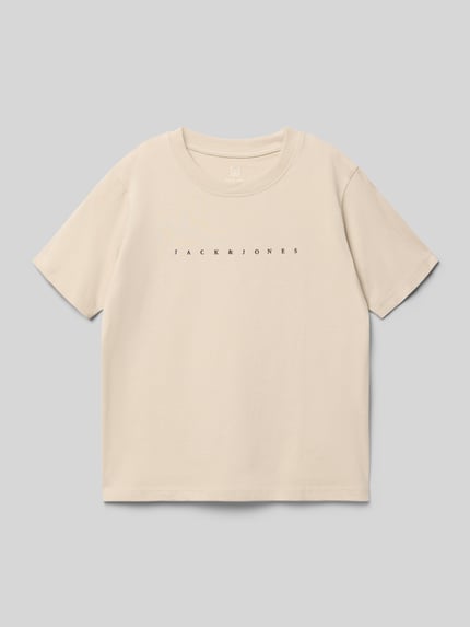 Produktfoto, Regular Fit T-Shirt mit Logo-Print Modell 'Estar' von JACK & JONES, dziecięcy t-shirt z bawełny, okrągły dekolt, długość tyłu w rozmiarze 140: 50 cm, jasny jednolity kolor, prosta faktura