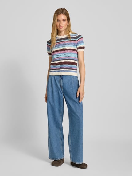 Jake*s Casual Gebreid shirt met ajourpatroon Bleu - 1