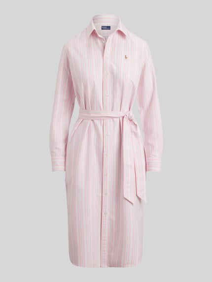 Productfoto, Regular Fit Oxford-Hemdblusenkleid mit riem van Polo Ralph Lauren, roze-wit gestreept katoen met logo-stiksel, midi-lengte