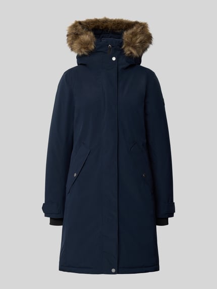 Produktfoto, Regular Fit Parka mit Kunstfellbesatz Modell 'ERNA' von Didriksons in Dunkelblau, glatte Textur, Kapuze, Frontansicht, Damen Parka, Thermore Füllung, 10.000mm Wassersäule, Rückenlänge 93 cm, Schulterbreite 42 cm, Brustweite 51 cm, Ärmellänge 66 cm