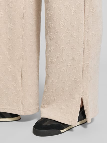 Productfoto, Wide Leg Sweatpants met logo-patroon model 'LAUDOMIA' van GUESS Activewear, rekbare materiaalmix, elastische taille, dames, beige, zichtbare structuur