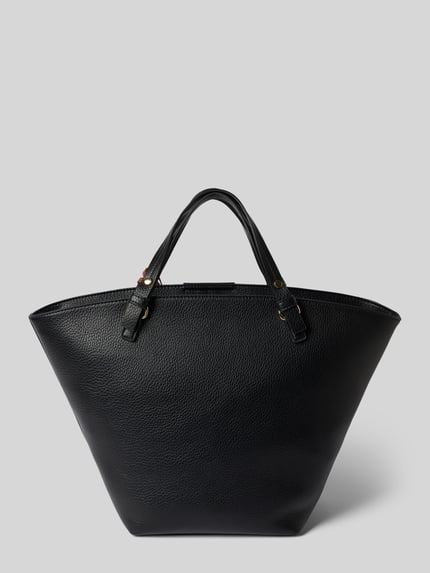 Produktfoto, schwarze Handtasche mit Label-Applikation Modell 'HYBRIS' von VALENTINO BAGS, strukturierte Oberfläche, goldene Details, Tragehenkel, Hauptfach mit Reißverschluss, 51x32x19 cm, 46 cm Schulterriemen.