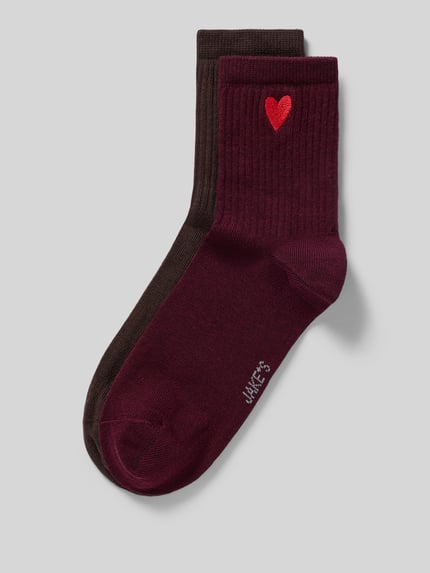Produktfoto, zwei Paar Socken aus Baumwoll-Mix im 2er-Pack von Jake*s Casual in Braun und Bordeaux mit rotem Herzmotiv, glatte Textur