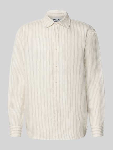 Produktfoto, Regular Fit Freizeithemd mit Kentkragen und Sportmanschetten von JAKE*S STUDIO MEN aus reinem Leinen, feine beige Streifen auf naturweißem Grund, Knopfleiste, abgerundeter Saum, strukturierte Leinen-Textur, Rückenlänge 77 cm, Schulterbreite 49 cm, Ärmellänge 65 cm, Größe M.
