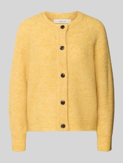 Produktfoto, Regular Fit Strickjacke aus Woll-Mix mit Alpaka-Anteil Modell 'LULU' von Selected Femme, gelb, Optik: Unifarben, Rippstrick