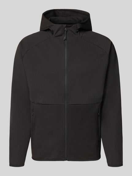 Produktfoto, Regular Fit Sweatjacke mit Kapuze Modell 'Base' von Jack & Jones in Schwarz, glatte Textur, Reißverschluss, Eingrifftaschen, elastischer Material-Mix mit Baumwoll-Anteil
