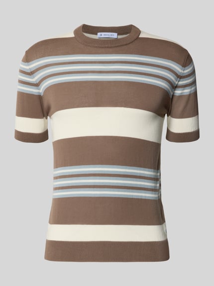 Produktfoto, Strickshirt mit Rundhalsausschnitt von Manuel Ritz aus reiner Baumwolle, Slim Fit, braun-beige mit blauen Streifen, strukturierte Oberfläche