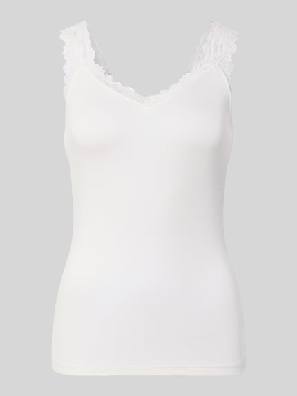 Productfoto, Slim Fit Tank Top uit viscosemix model 'ROSA' van Vero Moda, look: effen, V-hals, brede bandjes, applicatie met ruches, fijnribstructuur