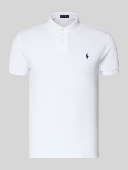 Produktfoto, Poloshirt mit Label-Stitching von Polo Ralph Lauren in Weiß, reine Baumwolle, Slim Fit, Polo-Kragen, kurze Knopfleiste, gerippte Ärmelabschlüsse, Rückenlänge bei Größe M 66 cm