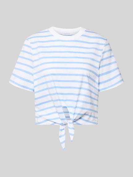 Produktfoto, T-Shirt im Allover-Look mit Knotendetail von Rich & Royal aus reiner Bio-Baumwolle, weiß mit blauen Streifen, Regular Fit.