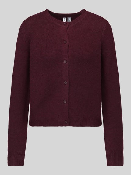 Produktfoto, Regular Fit Strickjacke mit Woll-Anteil Modell 'MALOU' von PIECES in dunklem Weinrot, glatte Oberfläche, Damen Strickjacke