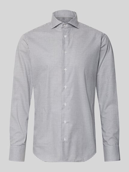 Produktfoto, Regular Fit Business-Hemd mit Haifischkragen von Christian Berg Men aus puur katoen in zwart-wit ruitpatroon, lang mouwdesign, ruglengte maat 39/40: 78 cm, schouderbreedte: 47 cm, mouwlengte: 66 cm