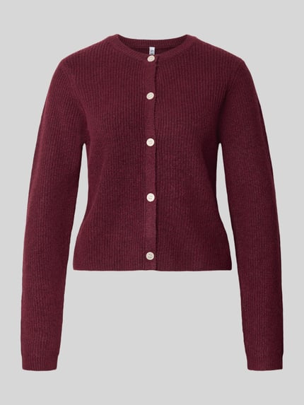 Produktfoto, rood gebreid jack met wol model 'SILLY' van PIECES, Dames, fijne ribtextuur, zilverkleurige knopen