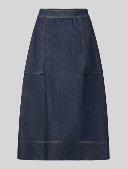 Produktfoto, Ausgestellter Midi-Rock aus Baumwoll-Mix von Tom Tailor, dunkelblauer Stoff mit sichtbaren Nähten, glatte Textur