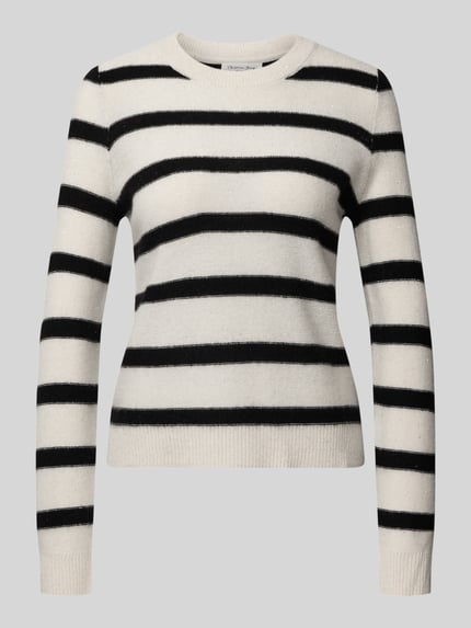 Produktfoto, Strickpullover aus Kaschmir-Mix von Christian Berg Woman, weiß-schwarz gestreift, taillierte Passform, Rundhalsausschnitt, langärmelig