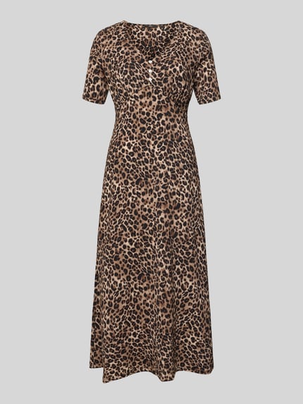 Productfoto, Midikleid mit V-Ausschnitt und kurzer knoopsluiting van Zero, materiaalmix met stretch, getailleerd model, bruine en zwarte luipaardprint, gladde textuur.