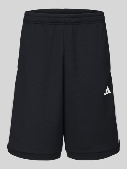 Productfoto, Sportshorts met zijzakken van adidas Sportswear, effen zwart, gestructureerd mesh, contraststrepen, logoprint, elastische tailleband