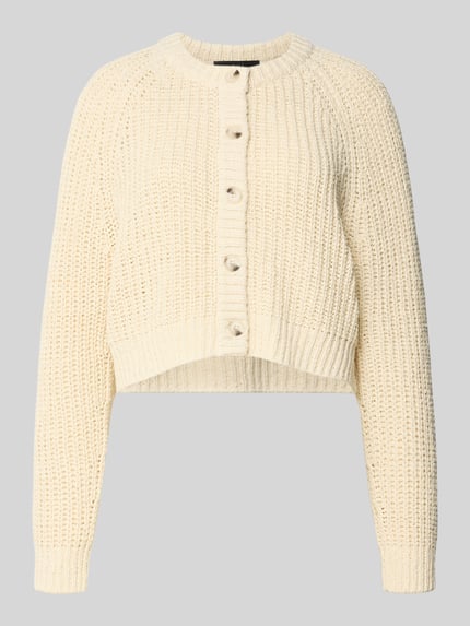 Productfoto, Strickjacke met ronde hals van Oui in crèmekleurige katoenmix, regular fit, knoopsluiting, dames, fijngebreide textuur.