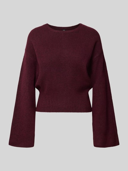 Produktfoto, Pullover mit geripptem Bund Modell 'ONLMACEY' von ONLY in einfarbigem Dunkelrot, Strickoptik, Struktur-Muster, cropped, Regular Fit