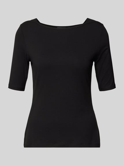 Produktfoto, T-Shirt mit 1/2-Ärmel von comma in Schwarz, glatte Oberfläche, U-Boot-Ausschnitt, Slim Fit, Viskose-Elasthan-Mix