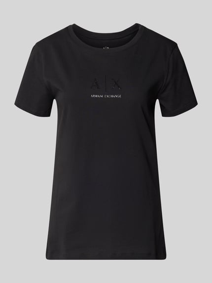 Productfoto, T-Shirt met ronde hals en logo van ARMANI EXCHANGE, pure katoen, regular fit, zwarte kleur, ruglengte maat S: 62 cm.