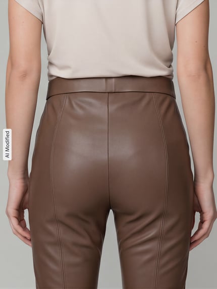 Vrouwenmodel draagt Wide Leg Kunstlederhose aus Viskose-Mix model 'MACY' van Raffaello Rossi, Dames leer, detailopname rugaanzicht.
