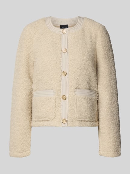 Produktfoto, Regular Fit Teddy-Jacke mit Stepp-Besatz Modell 'ESPRESSO' von Vero Moda in Creme mit runder Front, Knopfleiste, Eingrifftaschen, Teddyfell-Struktur, unifarbener Optik