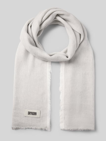 Produktfoto, Sjaal met labeldetail en franjes Model 'PLINA' van Drykorn, materiaalmix met linnen, rechthoekig model, 66 x 196 cm, dames