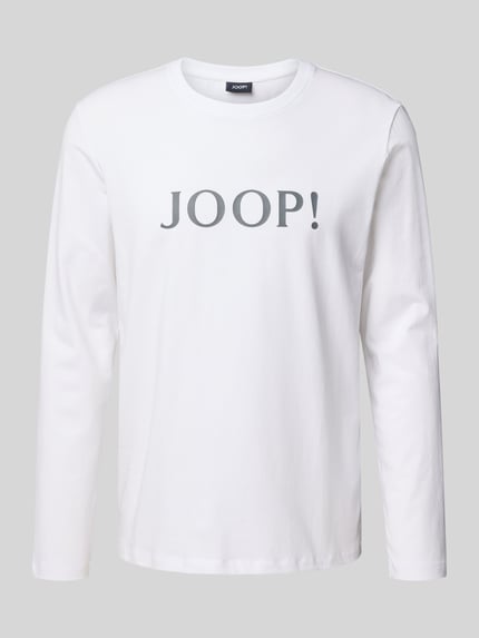 Produktfoto, Longsleeve mit Logo und Rundhalsausschnitt von JOOP! Collection, mieszanka bawełny i elastanu, krój relaxed fit, logo, okrągły dekolt, biała bluzka z długim rękawem, gładka faktura