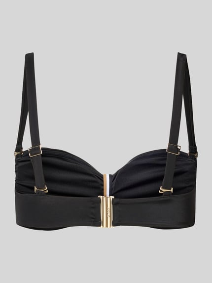 Produktfoto, schwarz unifarbenes Bikini-Oberteil mit Label-Applikation Modell 'BANDEAU' von BOSS, schmale verstellbare Träger, Klickverschluss, glatte Stretch-Oberfläche