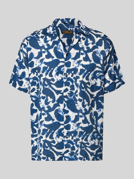 Produktfoto, Regular Fit Freizeithemd im Allover-Look Modell 'BILBAO' von Jack & Jones Premium in Blau und Weiß mit Reverskragen aus Reine Baumwolle, passend für Herren, angegeben mit Rückenlänge 71 cm, Schulterbreite 48 cm und Ärmellänge 23 cm.